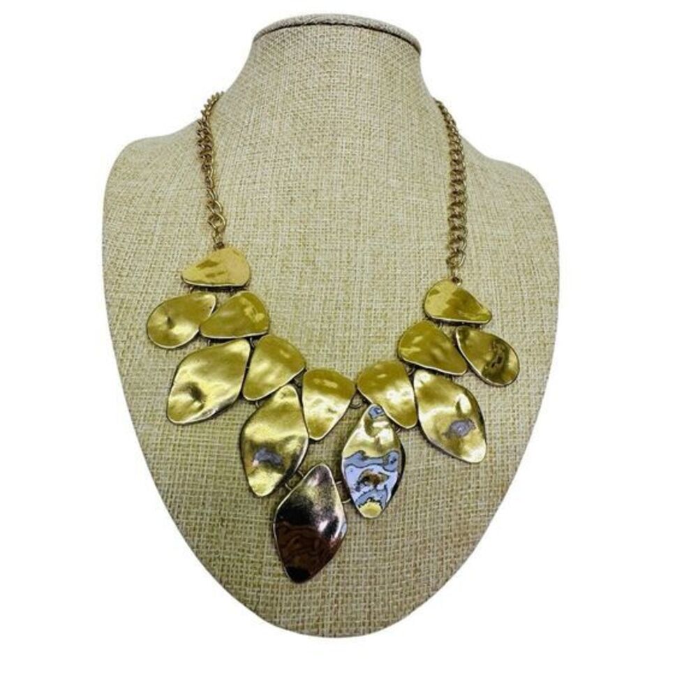 Hammered Like Flat Stones Gold Tone 16" Adjustable Necklace Statement Piece
